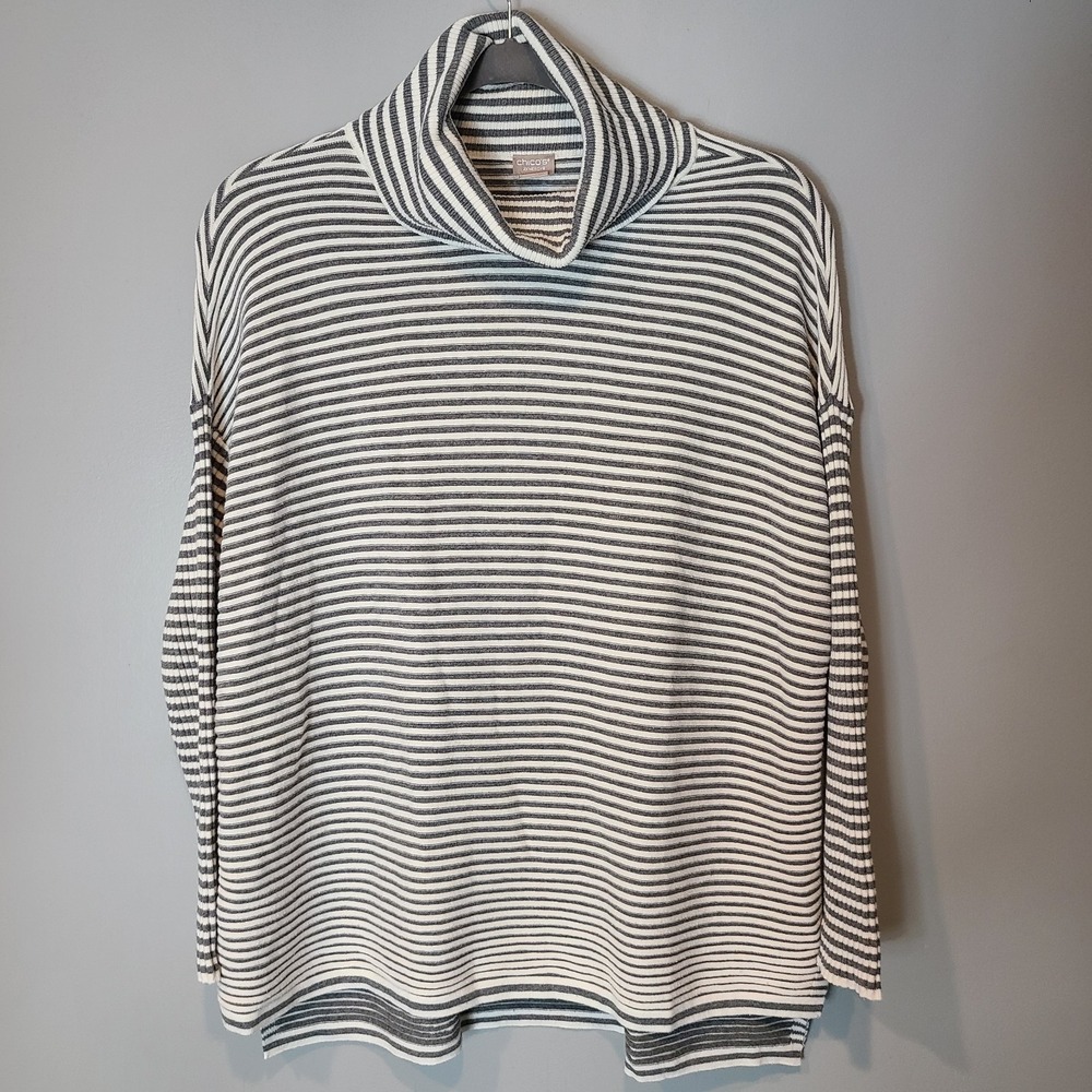 Chico's Womens XL (3) Turtleneck Tight Knit Classic Preppy Gray White Minimalist